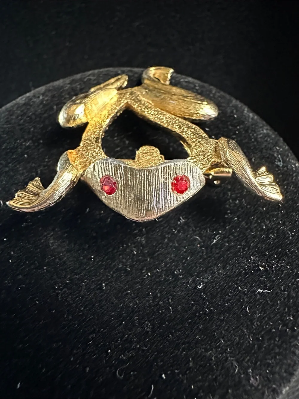 Vintage JJ Gold-Tone Frog Brooch With Red Rhinestone Eyes